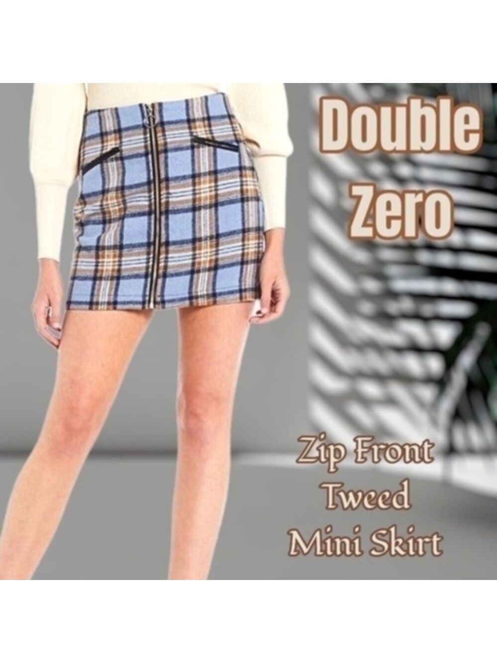 DOUBLE ZERO Exposed-Front-Zip Blue Black Plaid Tweed Faux Pocket Miniskirt/NWT